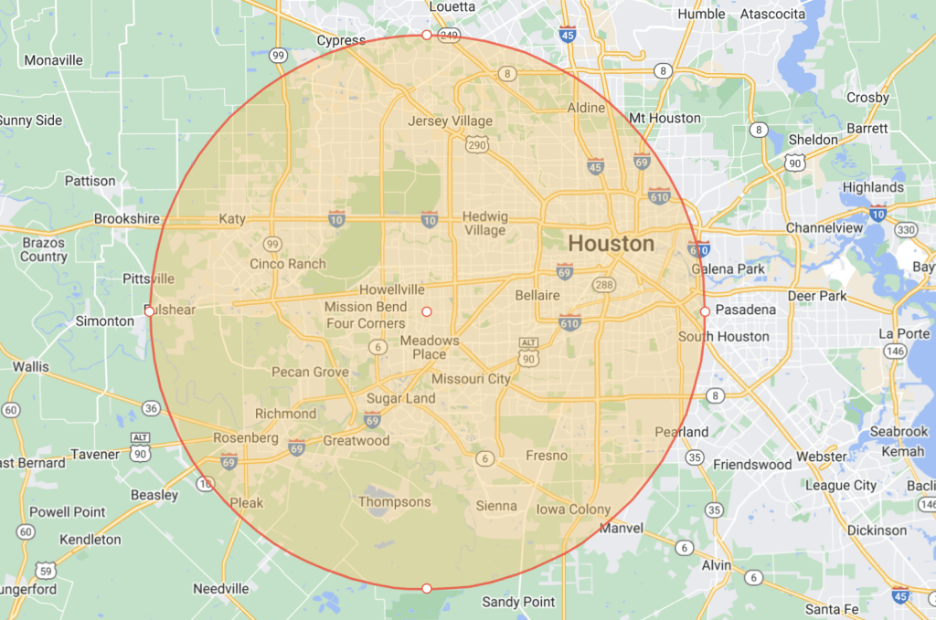 Map highlighting a circular area around Houston, Texas, indicating boundaries of key neighborhoods and regions for navigation or planning.